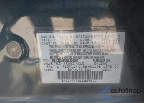 2016 Nissan Versa 1.6 S+ z USA, uszkodzony, nr VIN 3N1CN7AP0GL829007